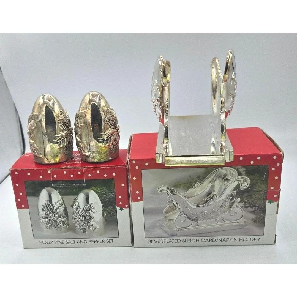 International Silver Co. Christmas Sleigh Napkin Holder & Holly Shakers